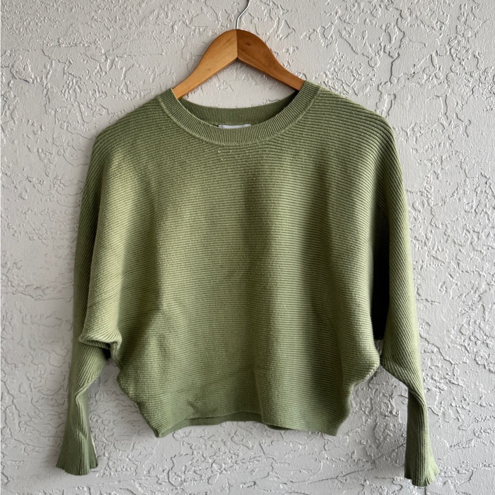 Carmen Marc Valvo Light Olive Ribbed Crewneck Sweater